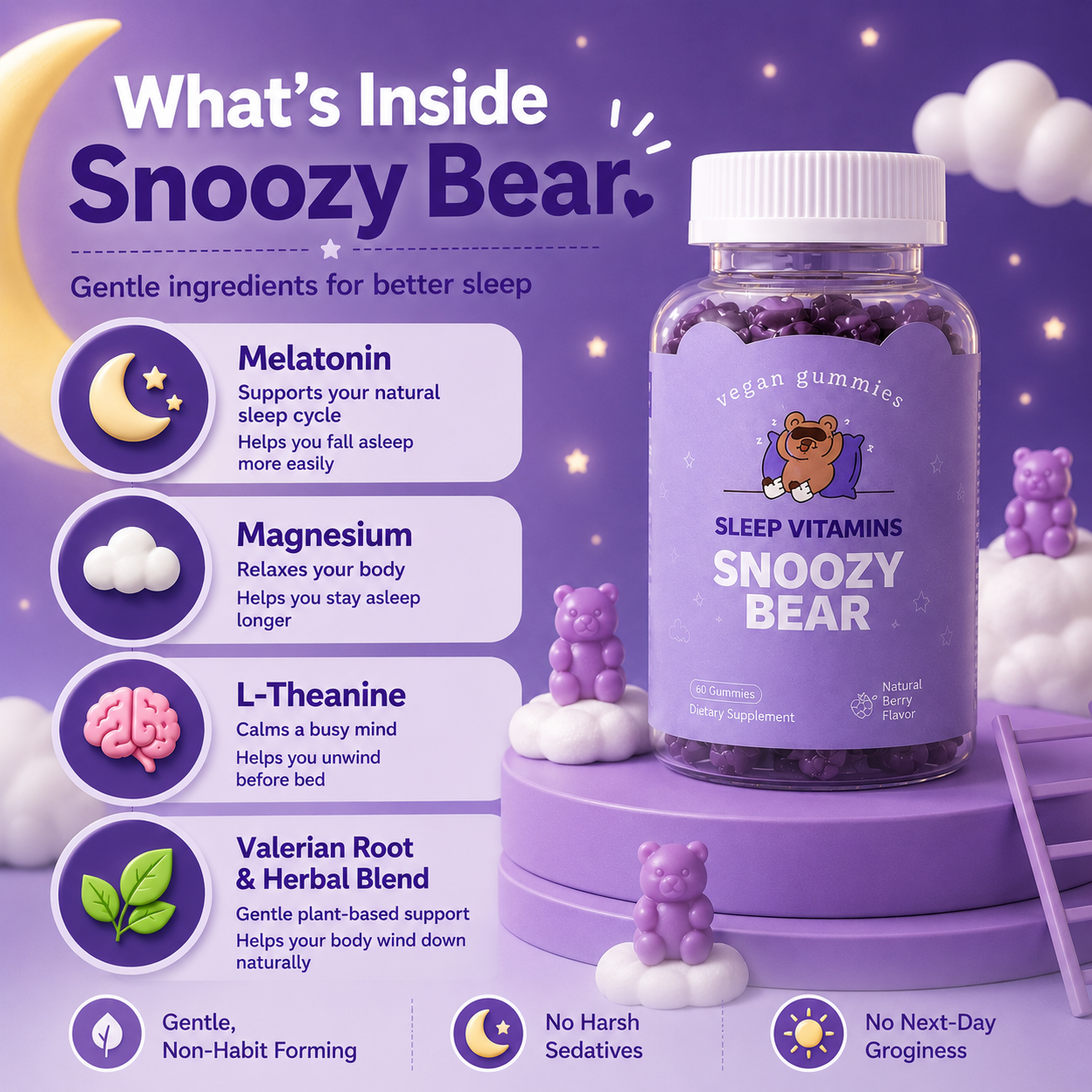 Snoozy Bear Sleep Vitamins (60 tablets) - Vegan Gummies