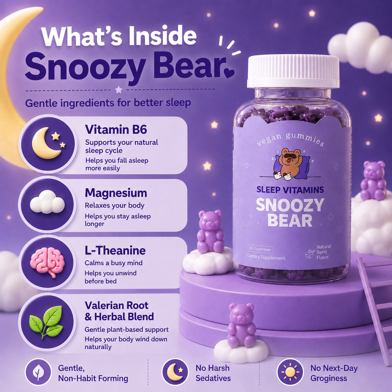 [NORMAL PACK] Snoozy Bear Sleep Vitamins (60 tablets) - Vegan Gummies