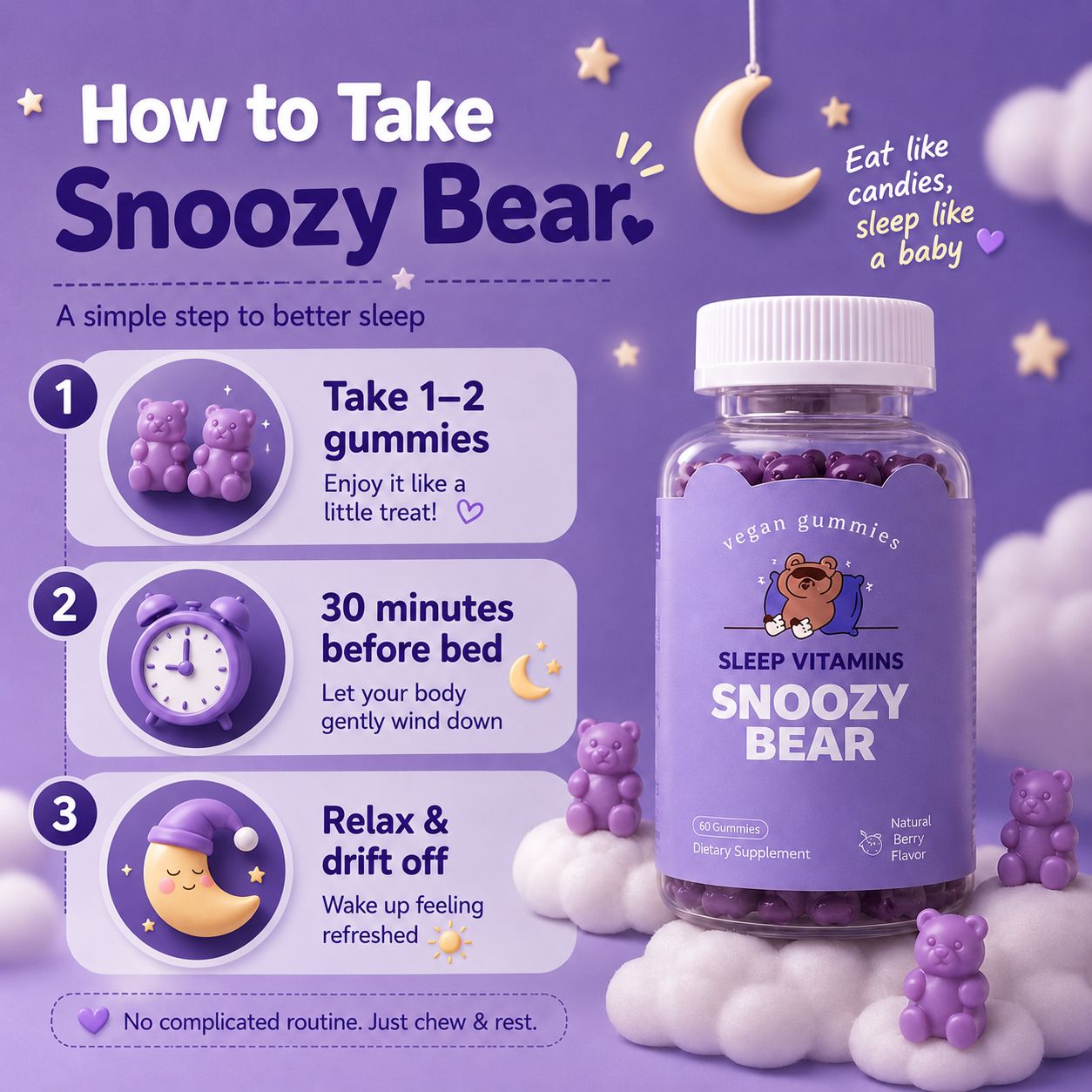 [NORMAL PACK] Snoozy Bear Sleep Vitamins (60 tablets) - Vegan Gummies