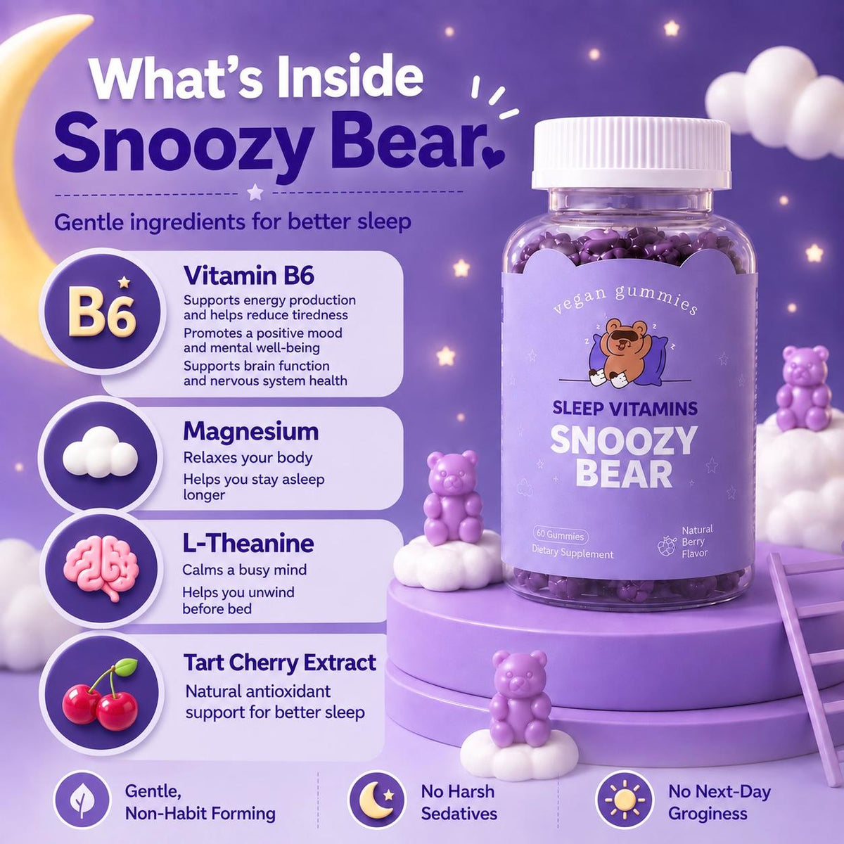 [NORMAL PACK] Snoozy Bear Sleep Vitamins (60 tablets) - Vegan Gummies