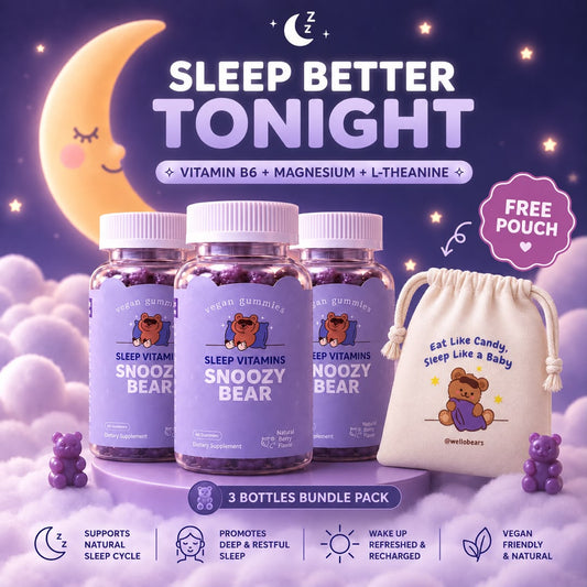 [3 BOTTLES VALUE PACK + FREE Pouch ] Snoozy Bear Sleep Vitamins (60 tablets x 3 bottles) - Vegan Gummies